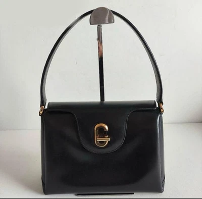 GUCCI Black Leather Small Handbag Tote with Gold Logo, Used, Damaged - Image 1 of 4