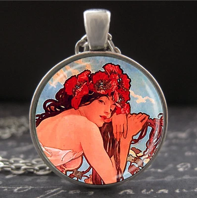 Collar colgante Alphonse Mucha con estampado artístico enmarcado mini flores de amapola Art Nouveau Foto 1 de 3