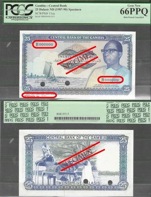 Gambia P-11as  25 Dalasis  Specimen  ND (1987-90)  PCGS 66 PPQ - Image 1 of 4
