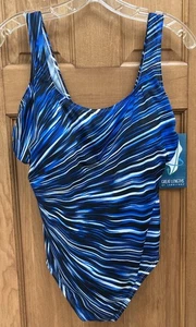 Great Lengths Size 16 Tank Swimsuit Black, Blue & White Diagonal Stripes - Picture 1 of 8