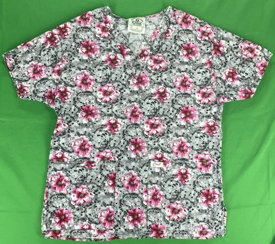 XS Pink Floral Design with Black and White Pattern Crest Scrub Top - Image 1 of 4