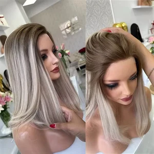 Pelucas delanteras de encaje 100 % cabello humano liso bob rubio ceniza ombre con raíces marrones - Imagen 1 de 8