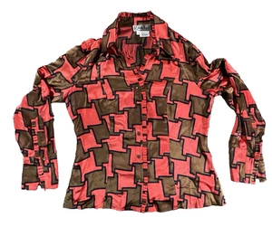 Carlisle Damen Vintage rot/braun Knopfleiste Shirt Langarm geometrisches Muster Gr. 14 - Bild 1 von 7