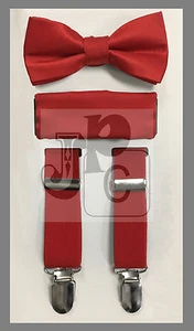 New Kid Boy's 3 pieces Clip Suspender Bow tie & Pocket Square Hankie Prom Formal - Picture 1 of 15