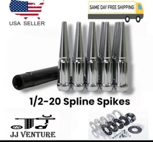 20Pc Chrome 4.5" Tall 1/2-20 Spline Spike Lug Nut +Key Fit Dodge Jeep Jaguar GMC - Picture 1 of 3