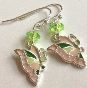 Butterfly Earrings Hypoallergenic Easter Pink Green Enamel Insect Silver Plated - Picture 1 of 12