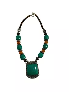 Unbranded Southwestern Beaded Necklace Large Square Pendant Faux Turquoise 23.5" - Picture 1 of 12