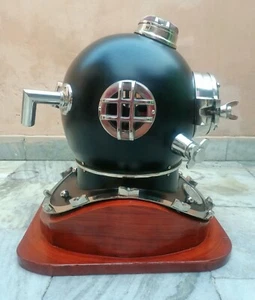 18" Brass Black Finish US Navy Mark V Scuba Divers Diving Helmet W/ Wooden Base - Picture 1 of 6