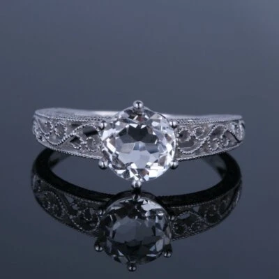 Anillo fino de plata de ley 925 corte redondo topacio blanco filigrana joyería vintage Foto 1 de 4