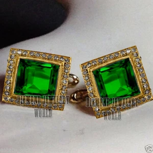 Stunning 1.48ctw Rose Cut Diamond Emerald Silver Vintage Men's Cufflinks Jewelry - Picture 1 of 1