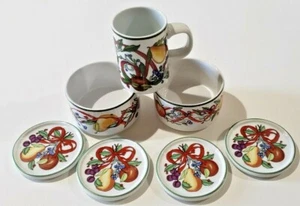 Dansk Holiday Harvest 7 PIECES TWO Ramekins ONE Mug 4 Coasters Red Ribbon Fruit - Imagen 1 de 12