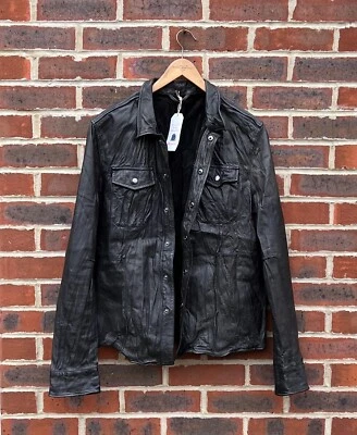 All Saints Mens LORRIMER Leather Shirt Jacket Large Black Biker Bomber 3 - Image 1 of 4