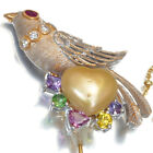Auth KAJI MITSUO Brooch Golden South Sea Pearl Ruby Sapphire Bird Heart K18
