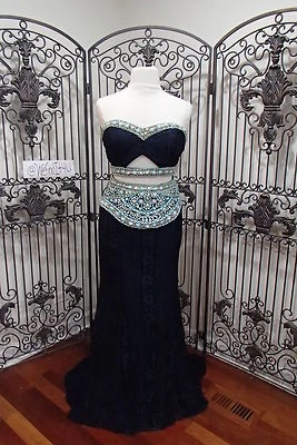 VESTIDO G1358 RACHEL ALLAN AZUL MARINO TURQUESA G241 2 PIEZAS TALLA 14 GRADUACIÓN CONCURSO $649 NUEVO CON ETIQUETAS Foto 1 de 4