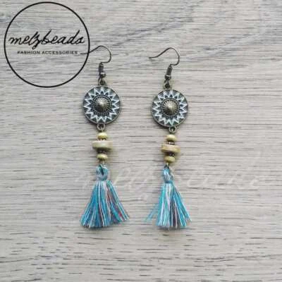 Tassel Earrings Women Fashion Jewellery Turquoise Grey Bohemian Boho - Image 1 of 2