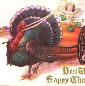 c.1910 Thanksgiving Postcard Angel Driving Turkey Drawn Pumpkin Carriage Wheat - Picture 1 of 3
