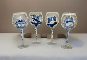 4 Snowman Wine Glasses Hand Painted Christmas Xmas Winter Snowflakes - Picture 1 of 5