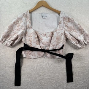 Asos Square Neck Puff Sleeve Crop Top UK 8 White Pink Floral & Tie Waist Detail - Picture 1 of 11
