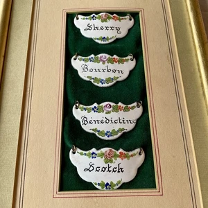 Framed Antique French Liquor Bottle Tags Hand Painted Enamel Barware Cocktail - Bild 1 von 5