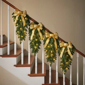 BrylaneHome Pre-Lit Swags With Plaid Bows, Set Of 4 - Picture 1 of 3