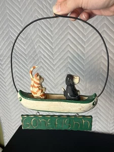 Vintage Pappmaché Holz hängend weg Angeln Hund Katze Landhaus niedlich Wohndeko  - Bild 1 von 8