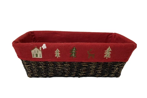 Modern Woven Wicker Rattan Bread Basket, Boho W/ Red Fleece Christmas Lining Cover