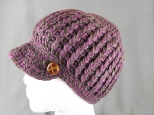 Purple Grey Brown chunky knit button ski brim hat cap beanie winter crochet - Picture 1 of 5