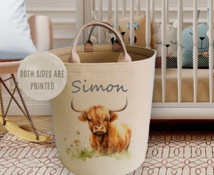 Personalised Highland cow print storage tube, organiser basket, blanket set - Picture 1 of 3