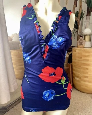Traje de baño vintage años 70 JC Penney amapola floral de una pieza con volantes MUJERES etiqueta Union Foto 1 de 4