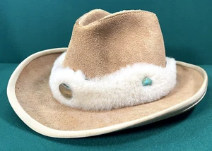 Vintage Skully Henschel Brown Leather Turquoise Fur Winter Western Ranch Hat XL - Picture 1 of 12