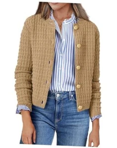 Women's 2025 Cardigan Sweaters Button Down Crew Neck Open Front Medium A-khaki - Picture 1 of 6