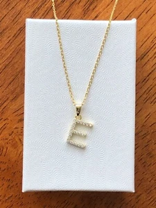 925 Sterling Silver Tiny Cz Gold Initial Letter E Pendant Necklace Womens 9mm 18 - Picture 1 of 9