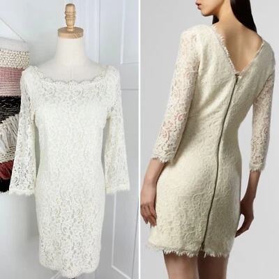 Diane Von Furstenberg Zarita Back Zipper Lace Mini Dress Ivory Size 12 NWT - Image 1 of 4