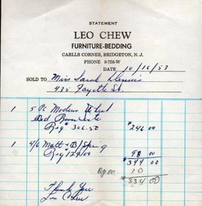 1953 BRIDGETON NUEVA JERSEY*NJ*LEO MASTICABLE*CARLLS ESQUINA*MUEBLES RECIBO CARBILLHEAD - Imagen 1 de 1