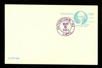 US FDC #UX89 None 1981 Eatontown NJ Isaiah Thomas Patriot Postal Card Unofficial - Image 1 of 2