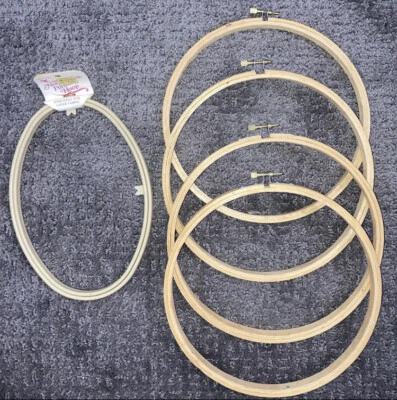 Embroidery Hoops Set of 4 Round 8” Wooden & 1 Plastic Oval Crafting & Needlework - Image 1 of 3