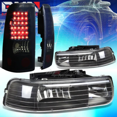PARA 99-02 CHEVY SILVERADO FARO CRISTAL NEGRO + ESQUINA + LÁMPARA TRASERA LED AHUMADA Foto 1 de 4