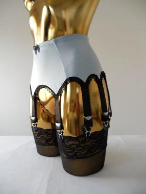 Med-XL 14 Strap Sky Blue Lycra Blk Lace Ladies Designer Burlesque Suspender Belt - Imagem 1 de 4