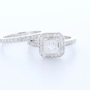 JUEGO DE ANILLOS HALO PIEDRA LATERAL ORO 14K CORTE PRINCESA DIAMANTE NATURAL E/VS2 1.8CT - Imagen 1 de 7
