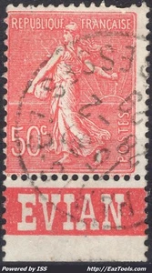 FRANCE SEMEUSE N° 199 AVEC BANDELETTE PUB EVIAN AVEC OBLITERATION - Picture 1 of 2