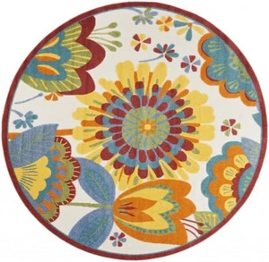 8' Round Yellow And Ivory Round Floral Indoor Outdoor Area Rug - Picture 1 of 6
