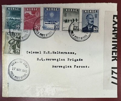 Noruega, puesto de campo del ejército 1943 cubierta censurada enviada a la brigada noruega en las Islas Feroe Foto 1 de 2