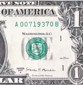 July 1937 : A 00719370 B MONTH / YEAR $1 Dollar Bill ( 07 - 1937 )  - Picture 1 of 3