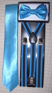 French Blue Adjustable Bow Tie,Neck Tie, & Black+French Blue Stripes Suspenders - Picture 1 of 1