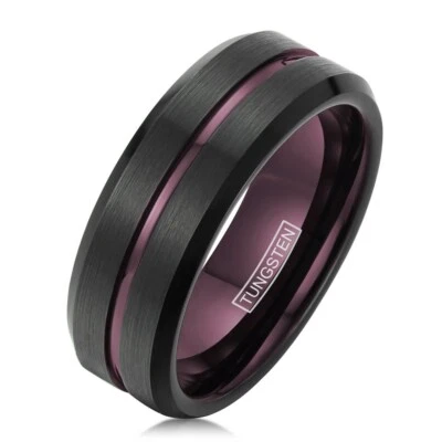 8mm Black Tungsten Royal-Plum Purple Stripe Men's Band Ring-Engraving Avail - Image 1 of 4