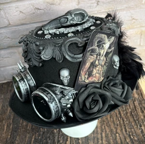 Black Gothic Goth Top Hat faux bird Skulls Roses Skeleton Hand Bullets 57cm (31) - Picture 1 of 9