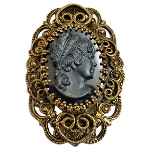 Vintage Black Cameo on Mirror Brooch / Pendant Gold Tone Filigree Victorian Lady - Picture 1 of 9