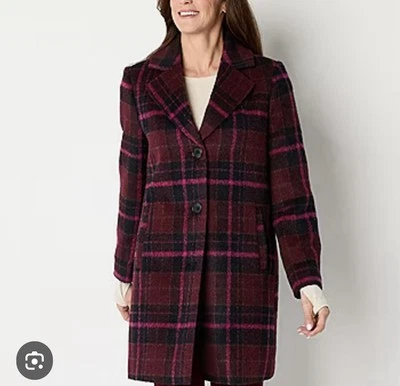 Gabardina a cuadros nueva con etiquetas para mujer talla S Liz Claiborne mezcla de lana borgoña/negro $220 Foto 1 de 4