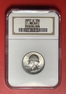 1937 D Washington Silver Quarter, NGC Graded MS65, Gem Uncirculated. - Picture 1 of 4