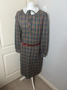 Vintage Size 18 St Michael Red Green Tartan Midi Dress Bust 40' Eyelet Belted - Picture 1 of 17